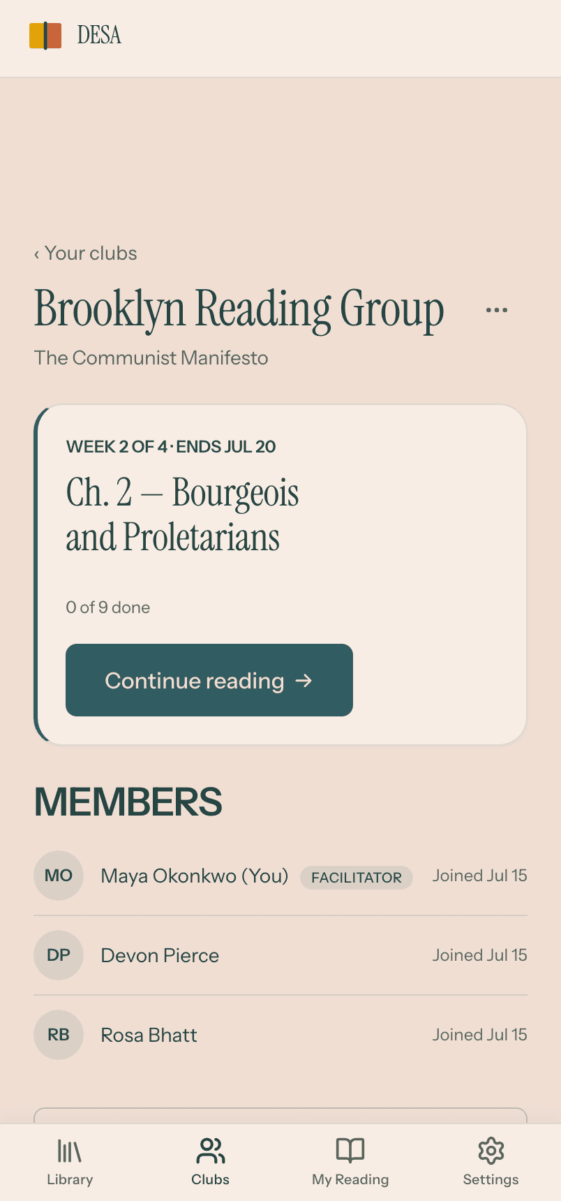 A club home screen for Brooklyn Reading Group, Week 2 of 4, with the member roster