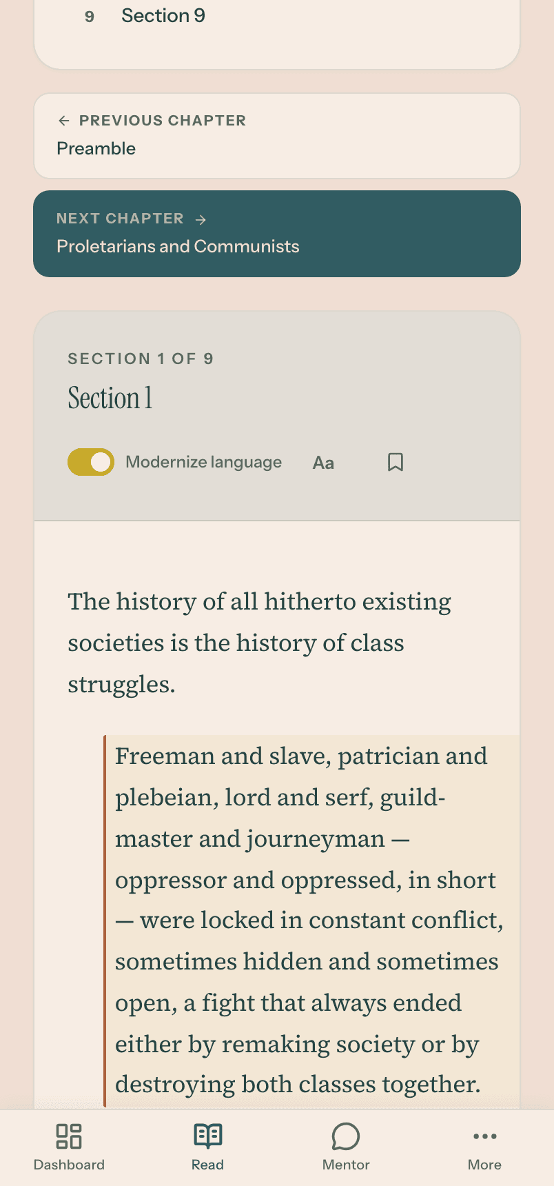 The DESA reader, with the plain-language toggle on